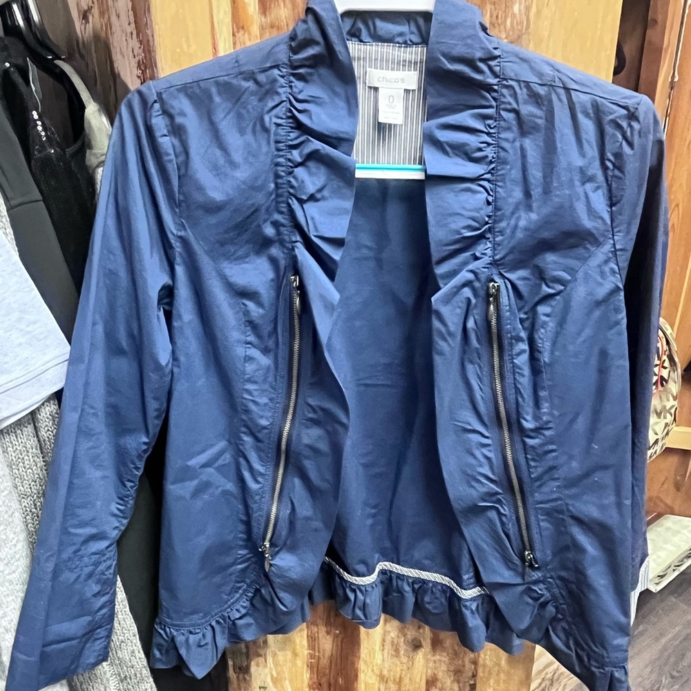 Chico's Navy Ruffle-Trim Utility Jacket - Picture 1 of 4